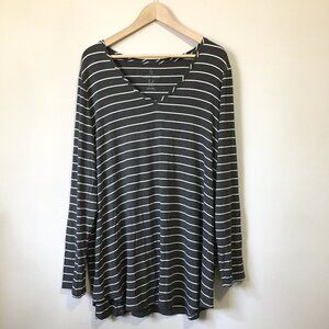 Grey and White Striped Long Sleeve Modern Relaxed Viscose V-Neck Tee